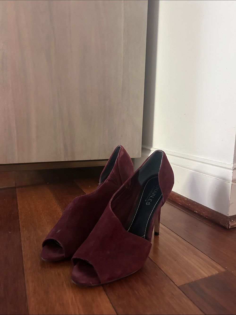 Charles David Burgundy Suede Peep-Toe Heels